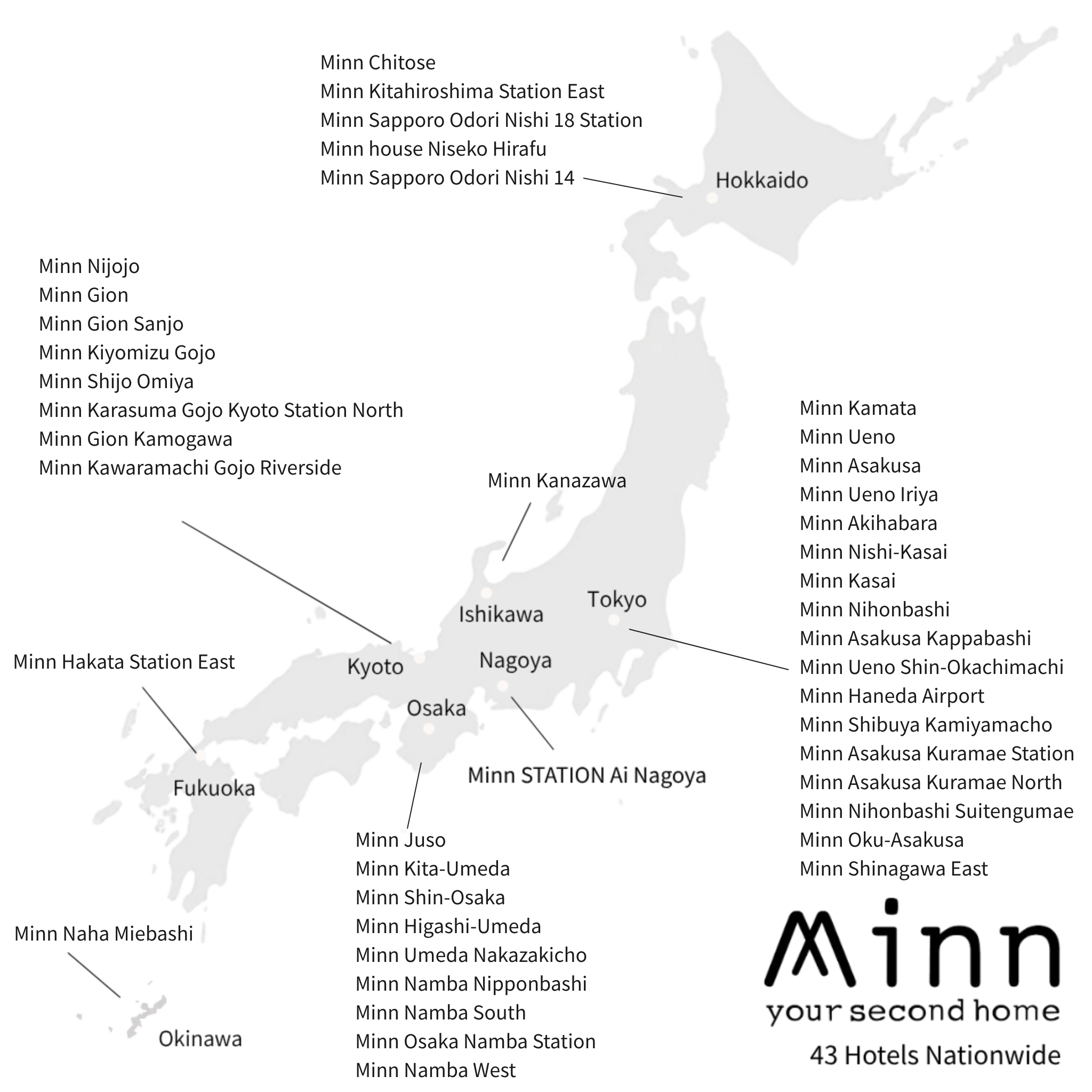 Minn hotel locations in Japan (43 hotels nationwide)